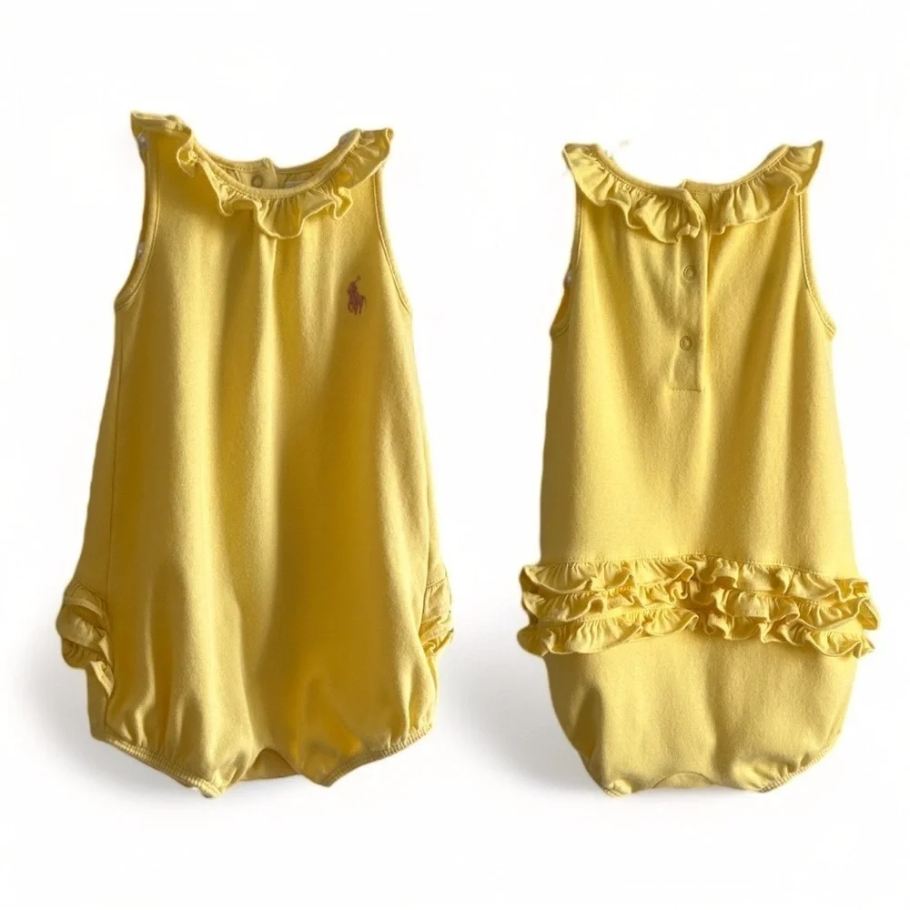 Y2K Ralph Lauren Baby Girl Yellow Ruffled Bubble Ruffle Romper Pink Logo